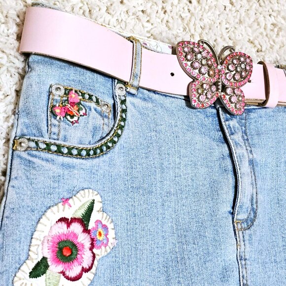 Skirt. Denim Pink Yellow Multi Tiered Floral Pattern. Upcycled Girls Size 10 GUC - Picture 6 of 16